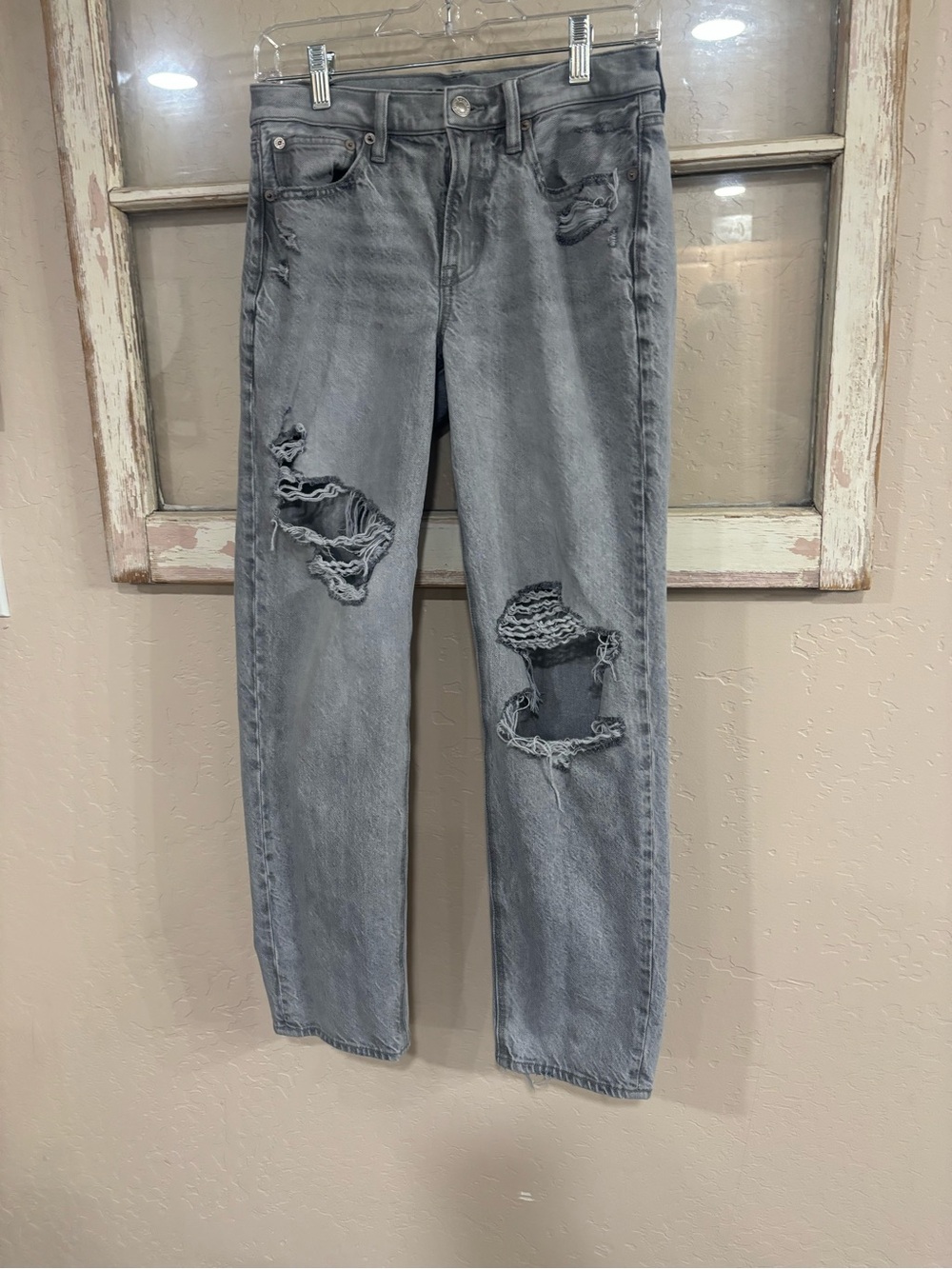 Gray Distressed High-Rise Jeans